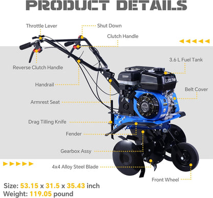 212CC 7HP Gas Tiller, 22" Adjustable Width, 4-Cycle Engine Cultivator with Instant Reverse, Heavy-Duty Steel Tines for Hard Soil, New Ground Breaking, Weed & Deep Cultivation (Blue)