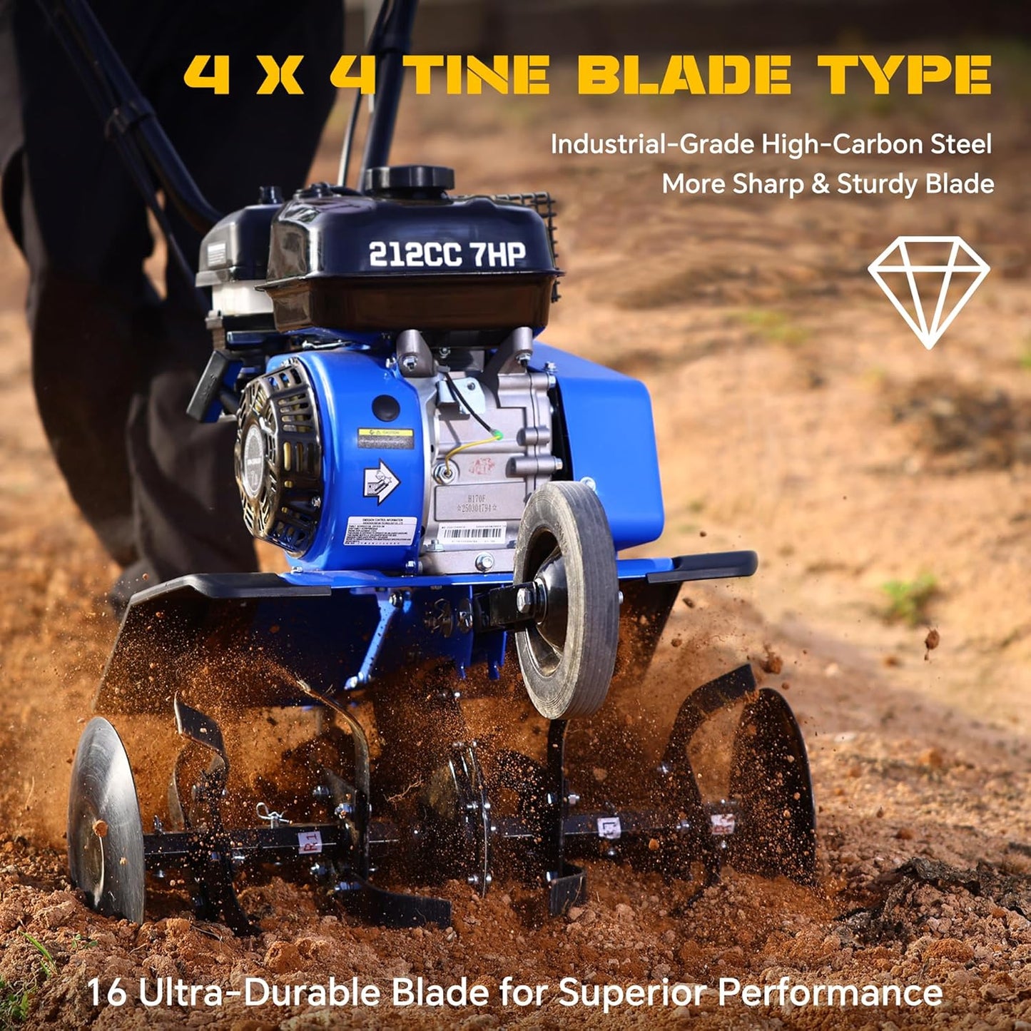 212CC 7HP Gas Tiller, 22" Adjustable Width, 4-Cycle Engine Cultivator with Instant Reverse, Heavy-Duty Steel Tines for Hard Soil, New Ground Breaking, Weed & Deep Cultivation (Blue)