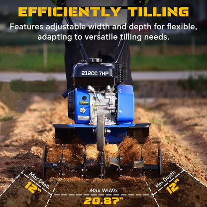 212CC 7HP Gas Tiller, 22" Adjustable Width, 4-Cycle Engine Cultivator with Instant Reverse, Heavy-Duty Steel Tines for Hard Soil, New Ground Breaking, Weed & Deep Cultivation (Blue)