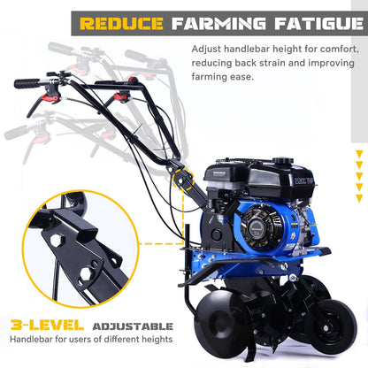 212CC 7HP Gas Tiller, 22" Adjustable Width, 4-Cycle Engine Cultivator with Instant Reverse, Heavy-Duty Steel Tines for Hard Soil, New Ground Breaking, Weed & Deep Cultivation (Blue)