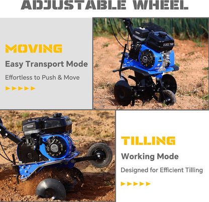212CC 7HP Gas Tiller, 22" Adjustable Width, 4-Cycle Engine Cultivator with Instant Reverse, Heavy-Duty Steel Tines for Hard Soil, New Ground Breaking, Weed & Deep Cultivation (Blue)