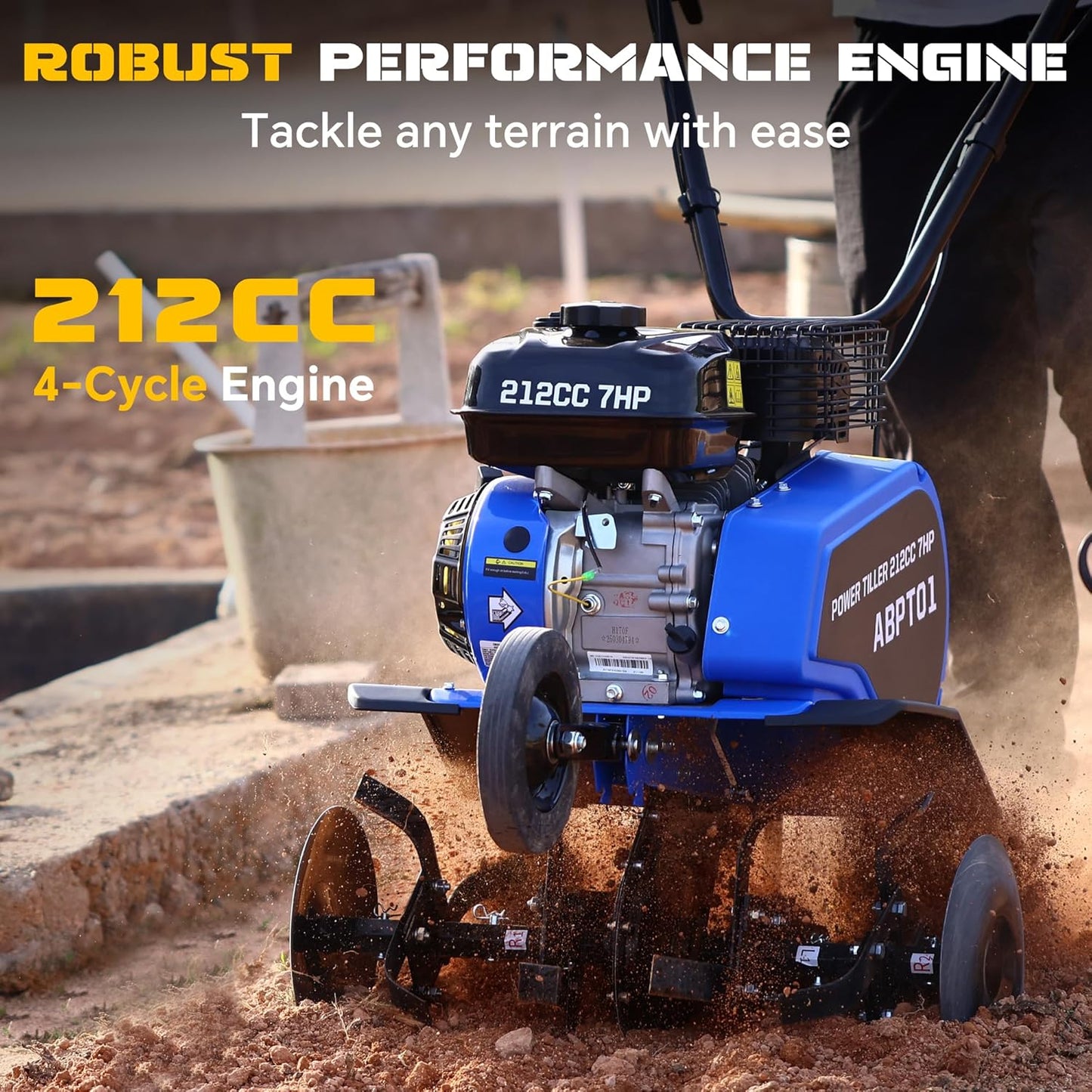 212CC 7HP Gas Tiller, 22" Adjustable Width, 4-Cycle Engine Cultivator with Instant Reverse, Heavy-Duty Steel Tines for Hard Soil, New Ground Breaking, Weed & Deep Cultivation (Blue)