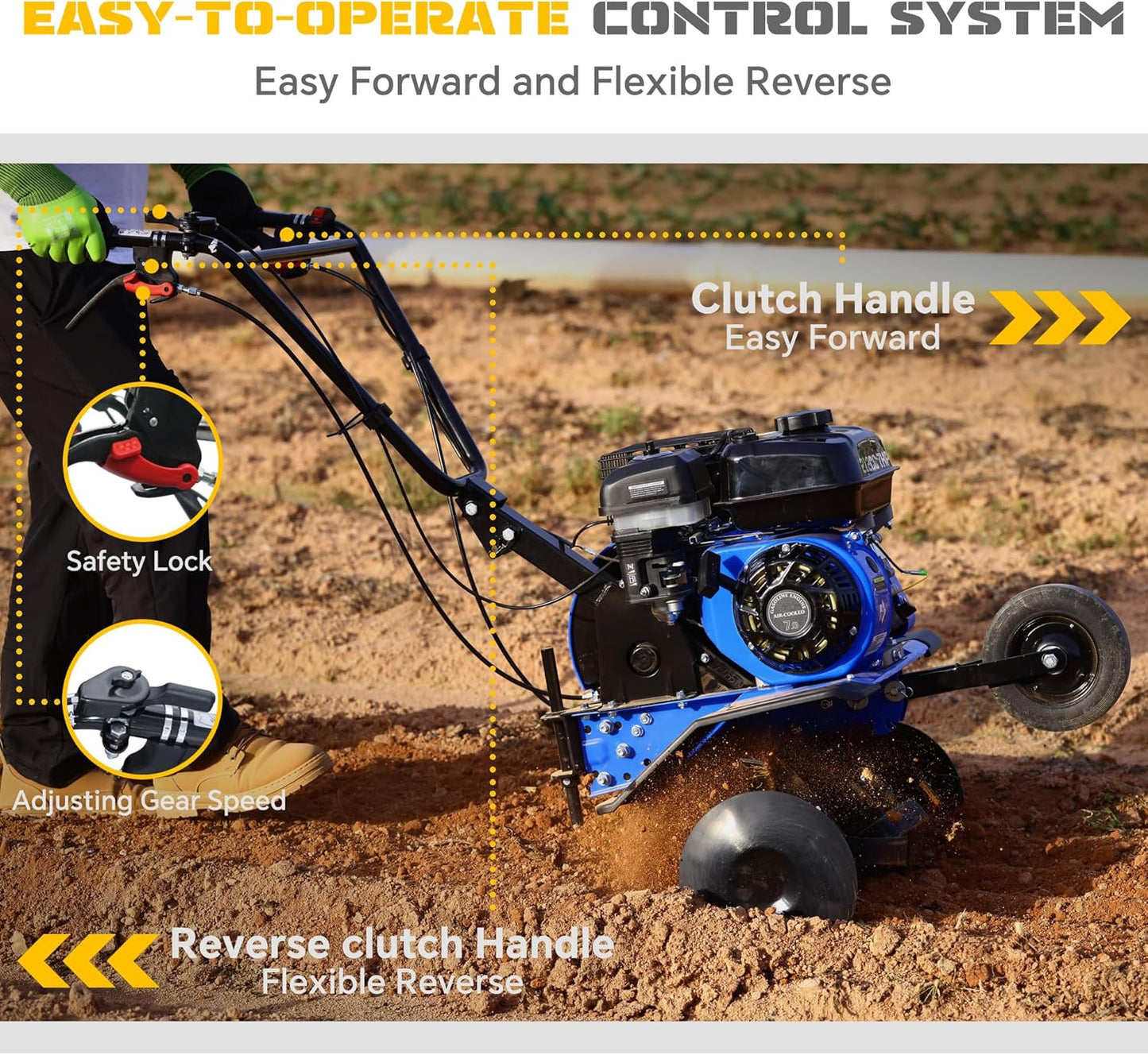 212CC 7HP Gas Tiller, 22" Adjustable Width, 4-Cycle Engine Cultivator with Instant Reverse, Heavy-Duty Steel Tines for Hard Soil, New Ground Breaking, Weed & Deep Cultivation (Blue)