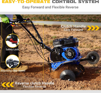 212CC 7HP Gas Tiller, 22" Adjustable Width, 4-Cycle Engine Cultivator with Instant Reverse, Heavy-Duty Steel Tines for Hard Soil, New Ground Breaking, Weed & Deep Cultivation (Blue)
